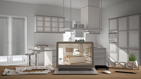 Computer screen showing 3D kitchen design being created