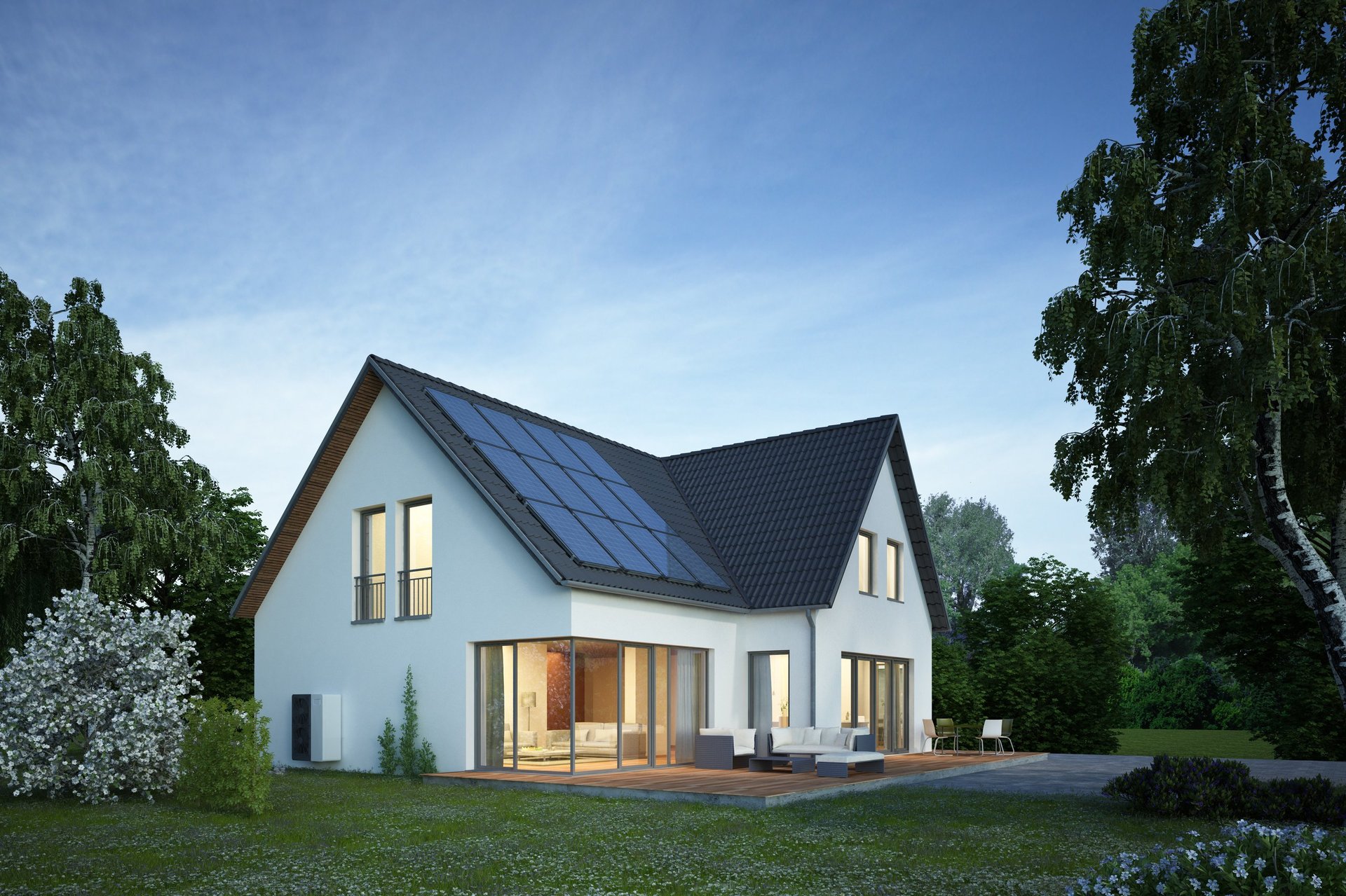 Modern home with solar panels and energy efficient roof
