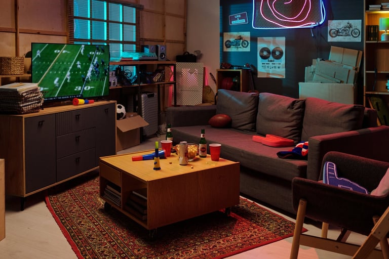 Modern mancave garage conversion living space with sports memorabilia