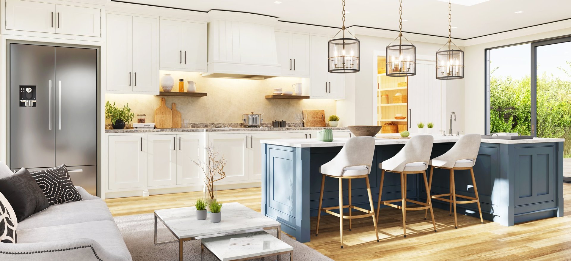 Modern kitchen with pantry storage and island in a Lakewood Ranch home remodel