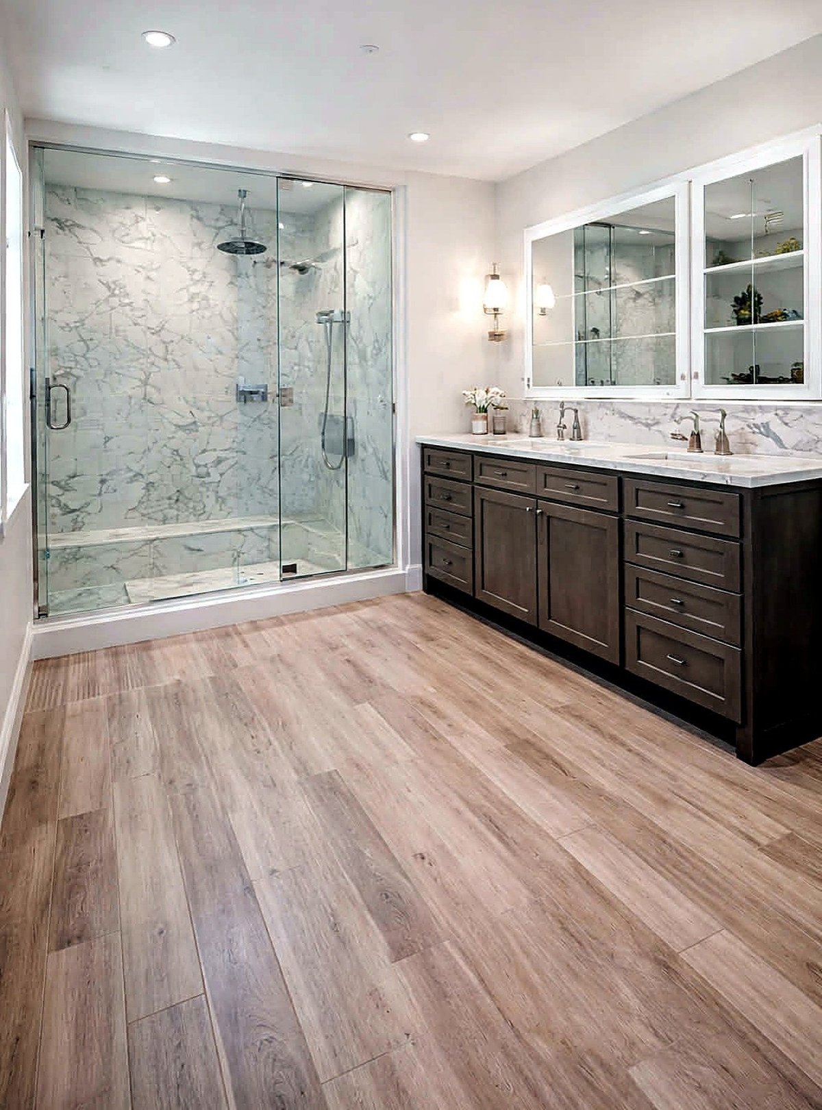 Bradenton bathroom with a glass-enclosed walk-in shower, dark double vanity and wood-look flooring.