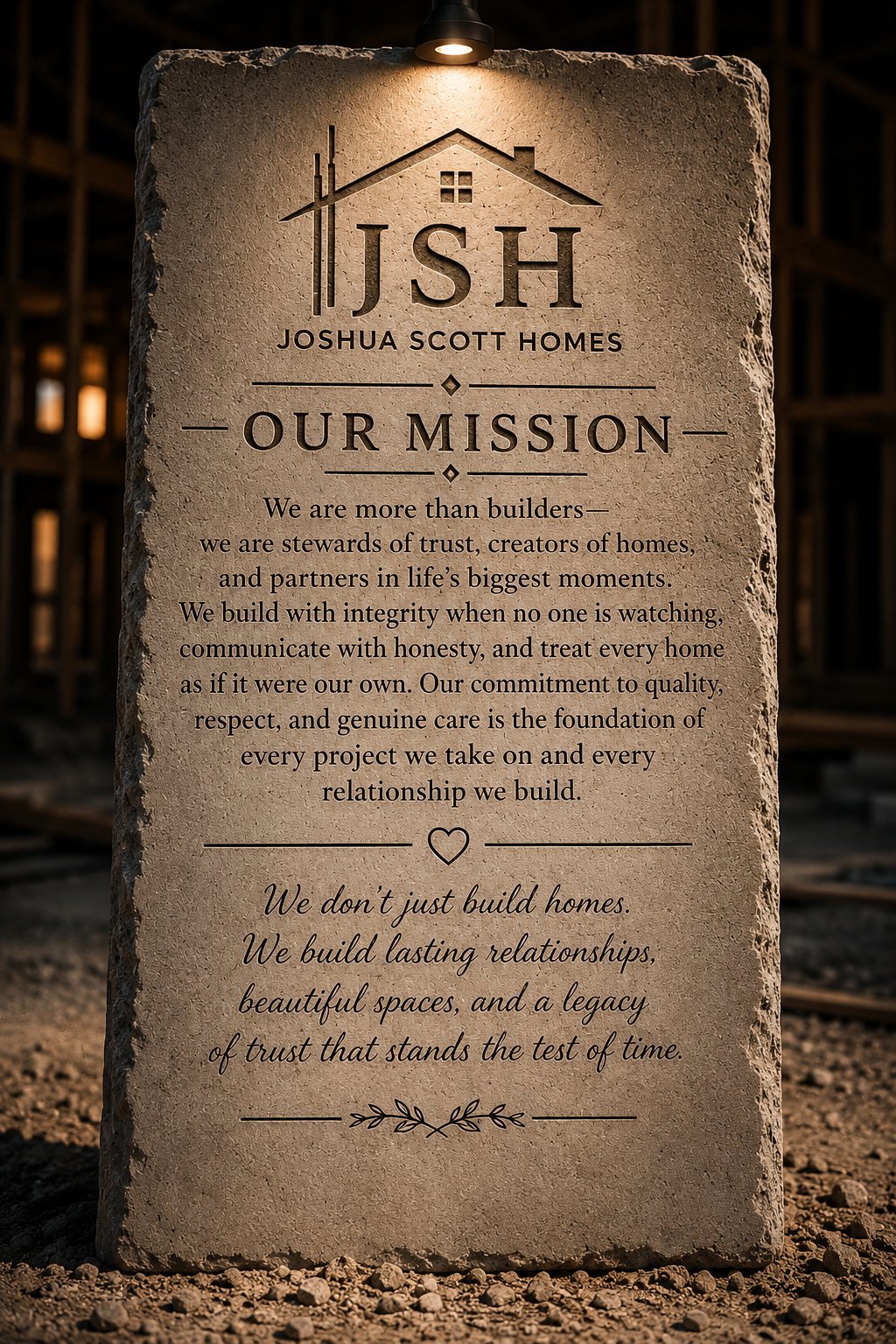 Joshua Scott Homes mission statement engraved into a vertical concrete slab, expressing integrity, honesty, quality, respect, genuine care, and lasting relationships.