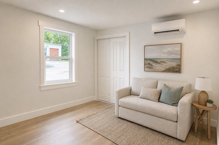 Proposed design visualization of a converted garage living area with light finishes, wood-look flooring and closet storage.