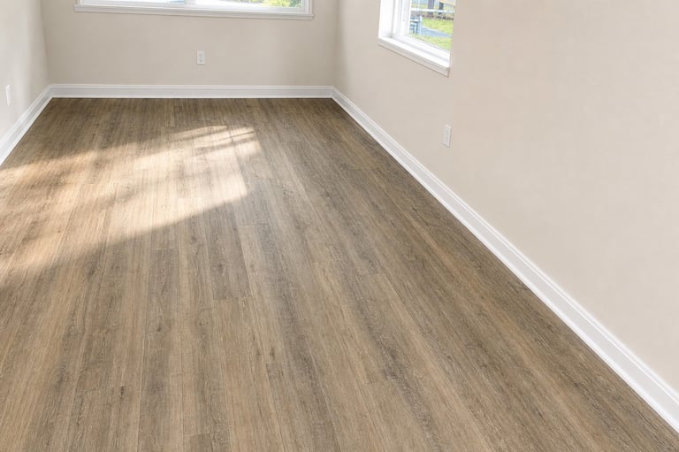 Design visualization of wood-look plank flooring in a bright room with white trim.