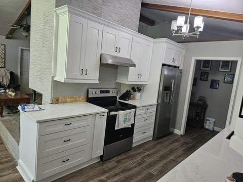 Dark kitchen cabinetry and stainless steel dishwasher during remodeling.