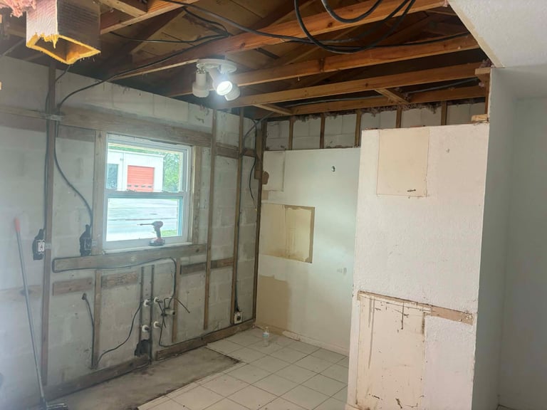 Existing garage interior with exposed ceiling framing, utilities and unfinished walls before a proposed conversion in Bradenton.