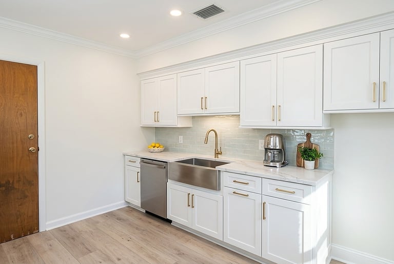 Proposed Bradenton kitchen design rendering with white cabinets, an apron-front sink and a light tile backsplash.